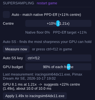 NextLevelXR Control supersampling settings shown as centre sharpness, with an Auto SS suggestion and an Apply button