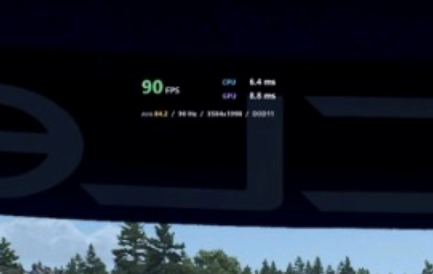 Close-up of the performance panel in the NextLevelCreator feed: 90 FPS in green, CPU 6.4 ms, GPU 8.8 ms, and a status line showing 90 Hz, 3584 by 1998 and DX11