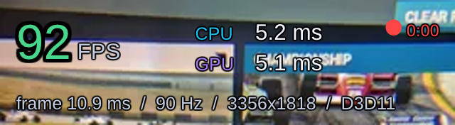 NextLevelXR FPS panel showing 92 FPS, CPU 5.2 ms and GPU 5.1 ms with a recording indicator, floating over a sim