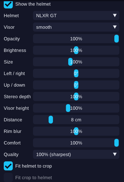 NextLevelXR Control helmet settings including style, visor, size, stereo depth, distance, rim blur, comfort and quality