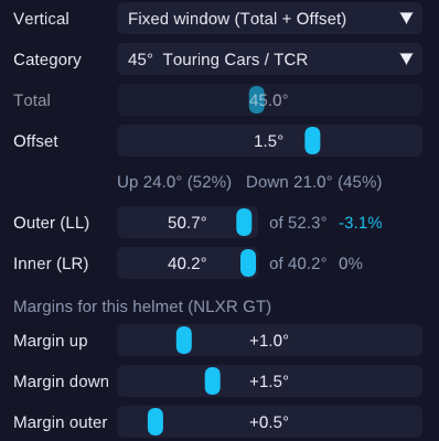NextLevelXR Control crop settings with the Touring Cars visor category, an offset of 1.5 degrees and per-edge margins for the helmet