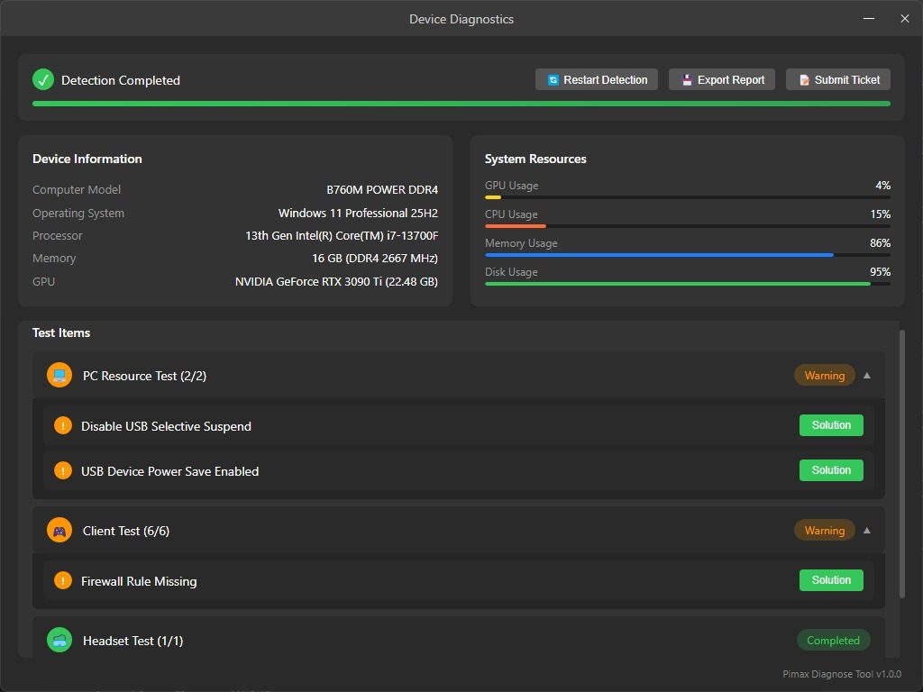 Screenshot of the Pimax Play Device Diagnostics tool flagging USB Selective Suspend, USB Device Power Save Enabled and a missing firewall rule