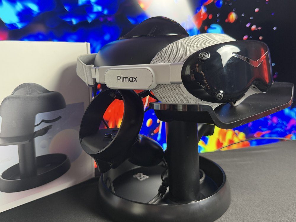 Pimax Dream Air headset resting on an AMVR display stand