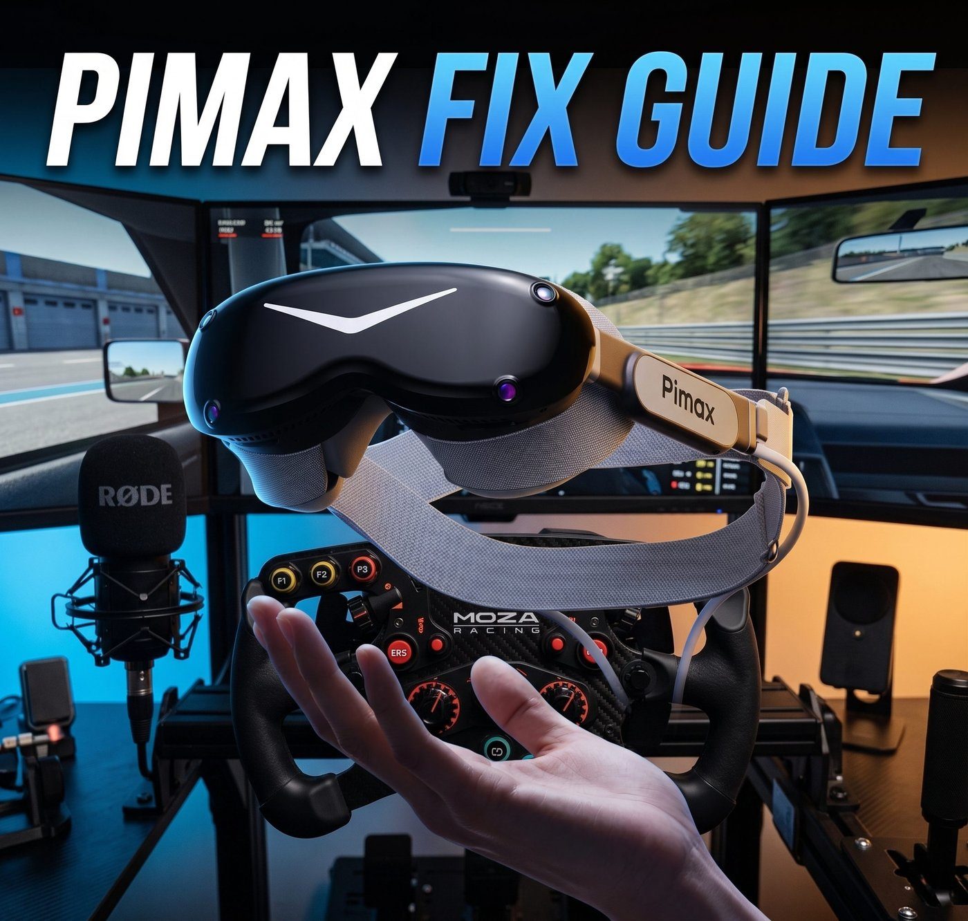 Pimax headset with the Next Level Sim Gaming sim racing rig in the background